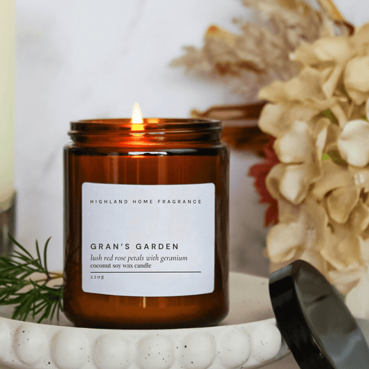 Rose and Geranium Gran's Garden Scented Coconut Soy Wax Candle in Amber Jar, 200G from Highland Home Fragrance.