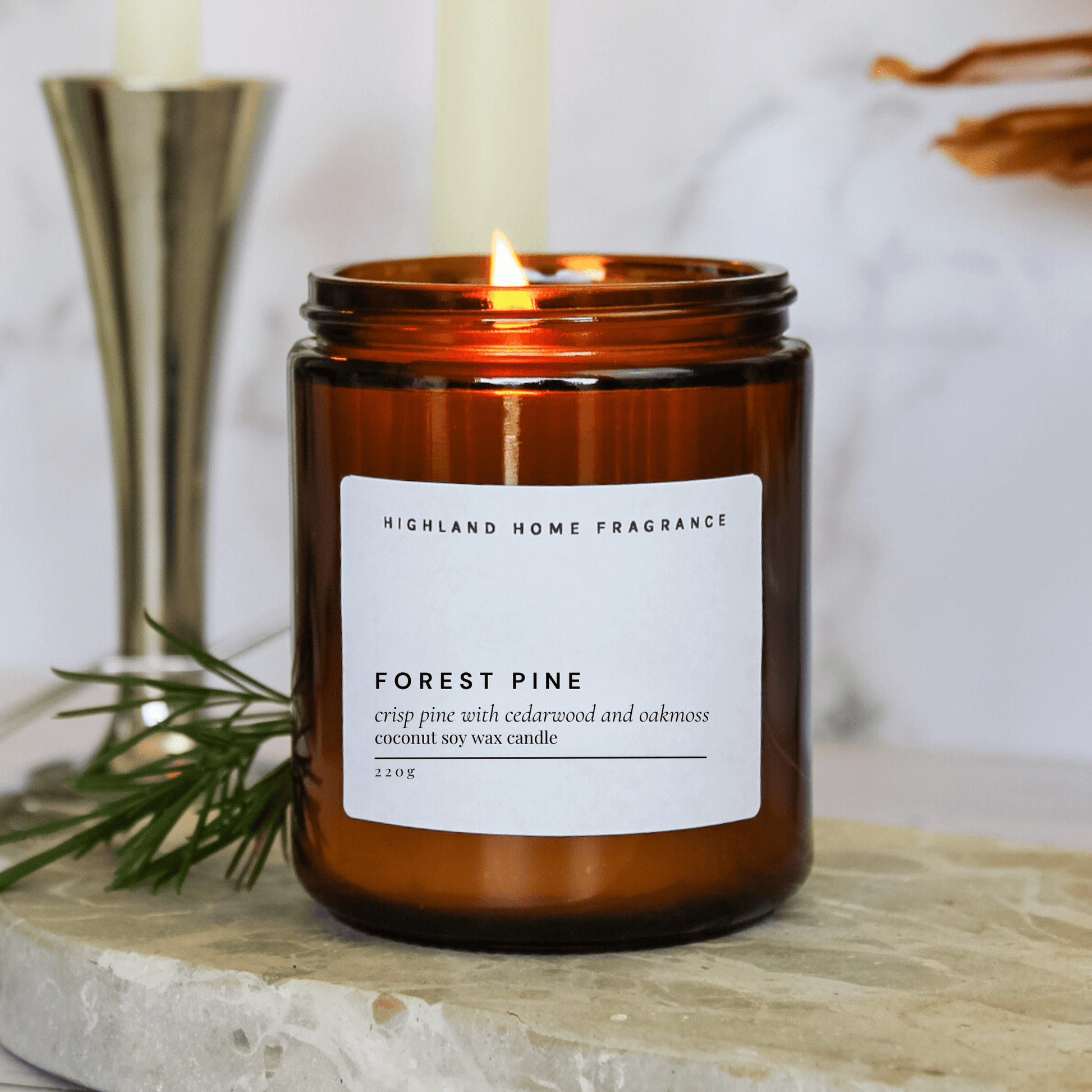 Pine and Cedarwood, Forest Pine  Scented Coconut Soy Wax Candle in Amber Jar, 200G from Highland Home Fragrance.