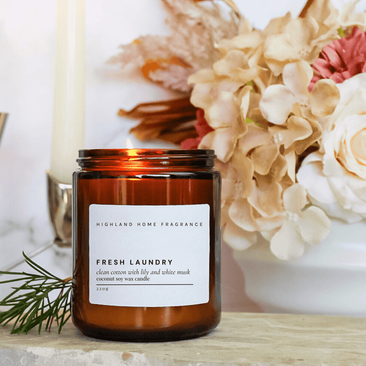 Fresh Laundry / Clean Cotton Scented Coconut Soy Wax Candle in Amber Jar, 200G from Highland Home Fragrance.